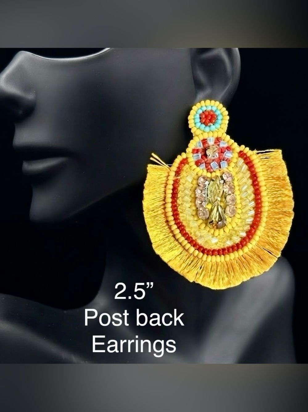 E23. Yellow Fringe Beaded Post Earrings with Red and Turquoise Accents